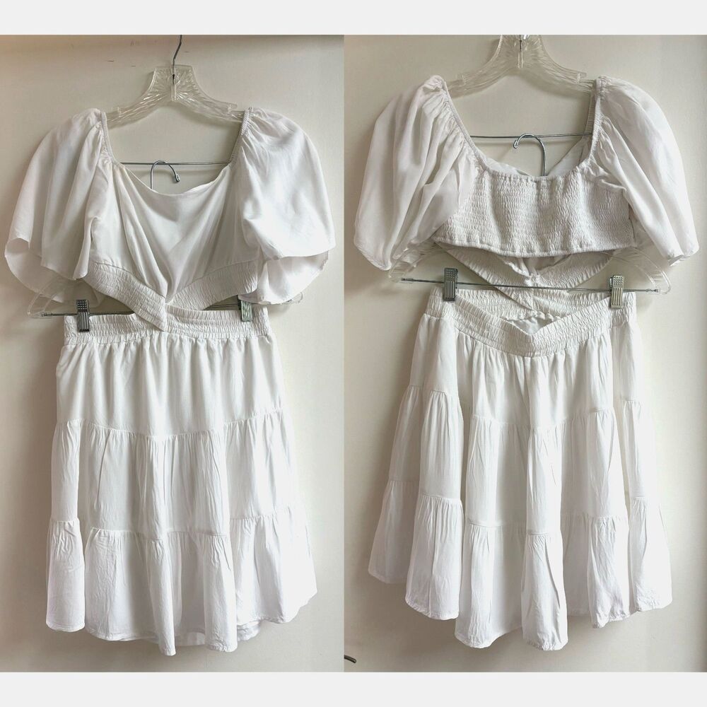 White Cutout Ruffle Mini Sundress S Rayon Smock Tier Flutter Boho Resort Bridal - Picture 3 of 11